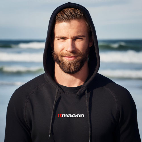 Surfer wearing ItMackin Hoodie